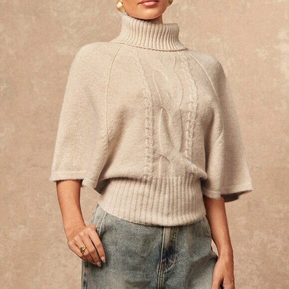 Khaki Casual Women's Cinched Waist Batwing Textured Turtleneck Sweater - Picture 4 of 8